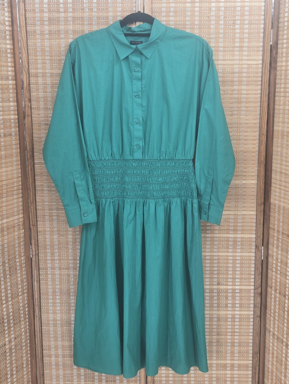 ☆ Ann Taylor Emerald Green Smocked Waist Cotton Shirt Dress 6P